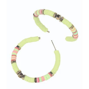 Bright Yellow Multi Color Katsuki & Gold Beads Hoops 2"